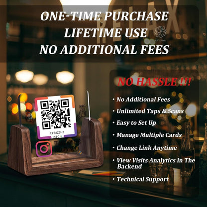 Wooden NFC Stand – Reviews, Social, Payment – No Monthly Fee - No App Needed