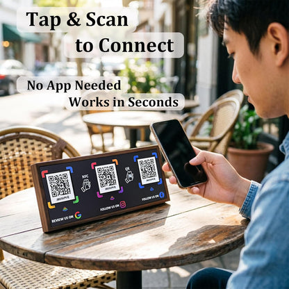 3-in-1 Walnut NFC Sign – Google/Instagram/Facebook – No Monthly Fee