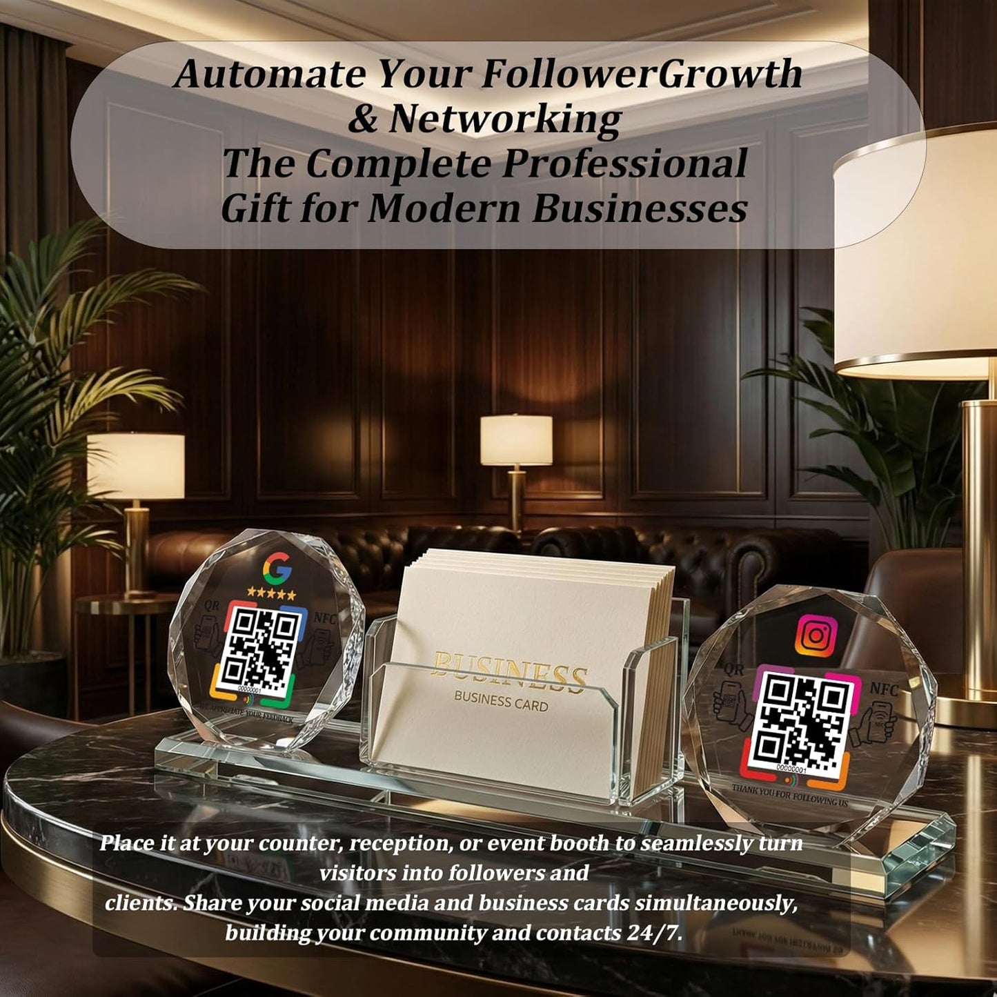 Crystal NFC Stand with Card Holder – Dual Platform – No App, No Monthly Fee