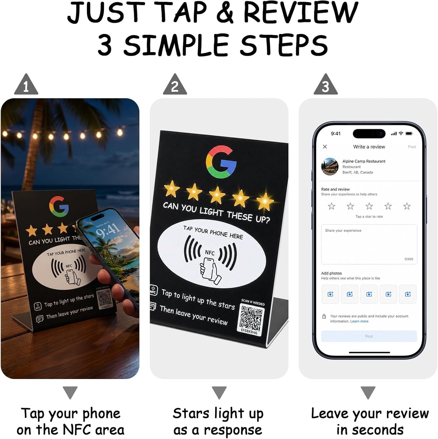 NFC Star Review Sign – Tap to Light Up & Review – No Battery Needed