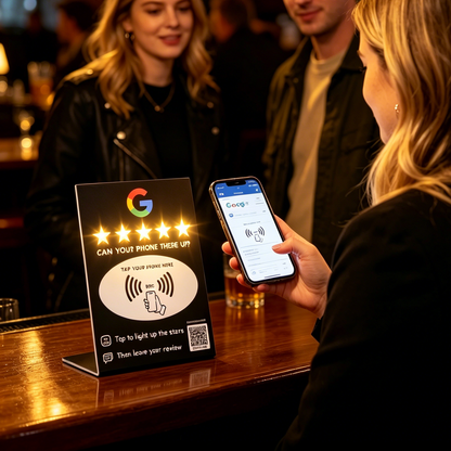 NFC Star Review Sign – Tap to Light Up & Review – No Battery Needed