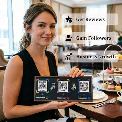 3-in-1 Walnut NFC Sign – Google/Instagram/Facebook – No Monthly Fee