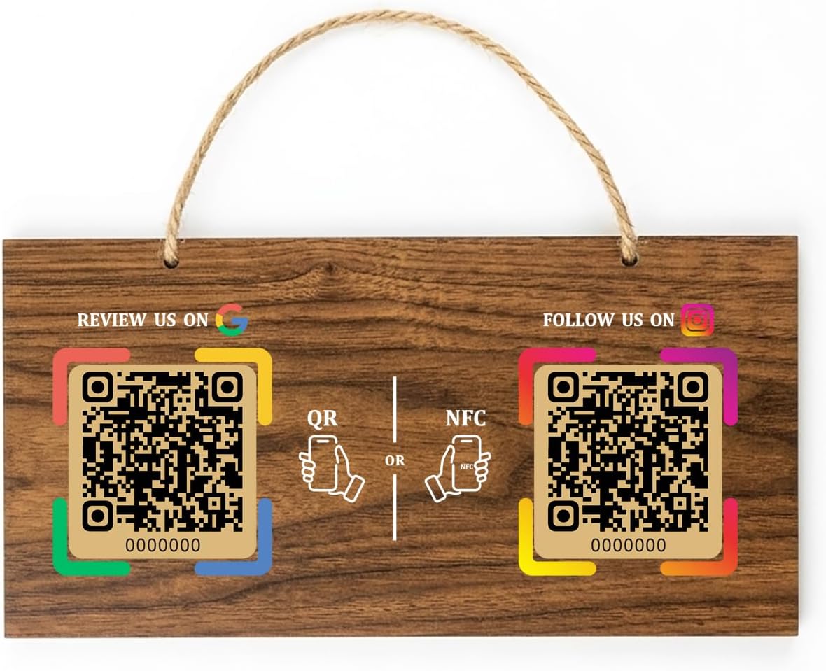 Large Wooden Style NFC Hanging Sign – Google Review & Social – No Monthly Fee – 11.8" x 5.9"