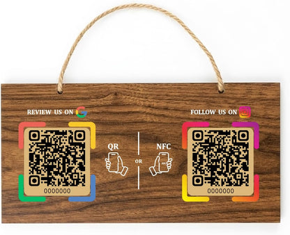 Large Wooden Style NFC Hanging Sign – Google Review & Social – No Monthly Fee – 11.8" x 5.9"