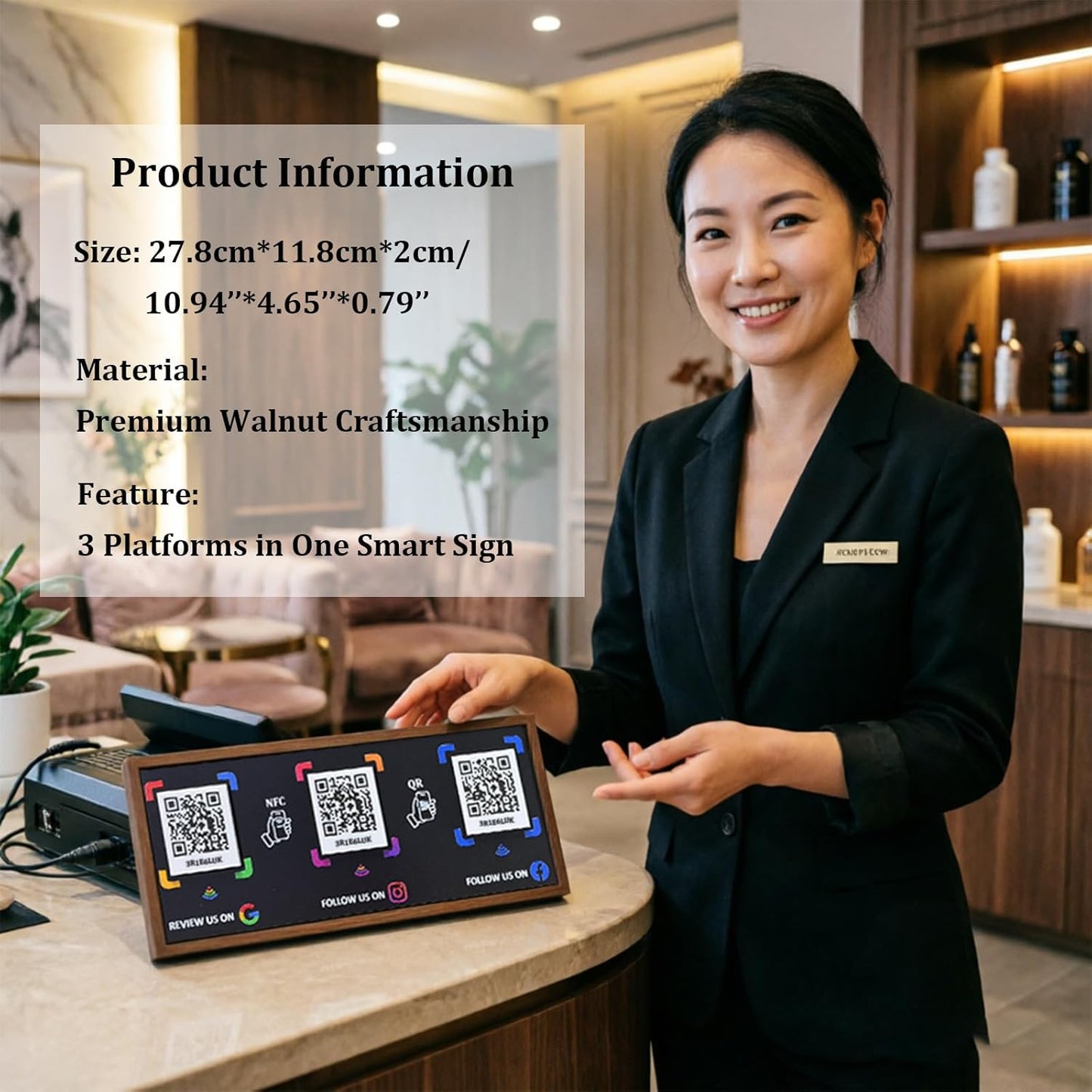 3-in-1 Walnut NFC Sign – Google/Instagram/Facebook – No Monthly Fee